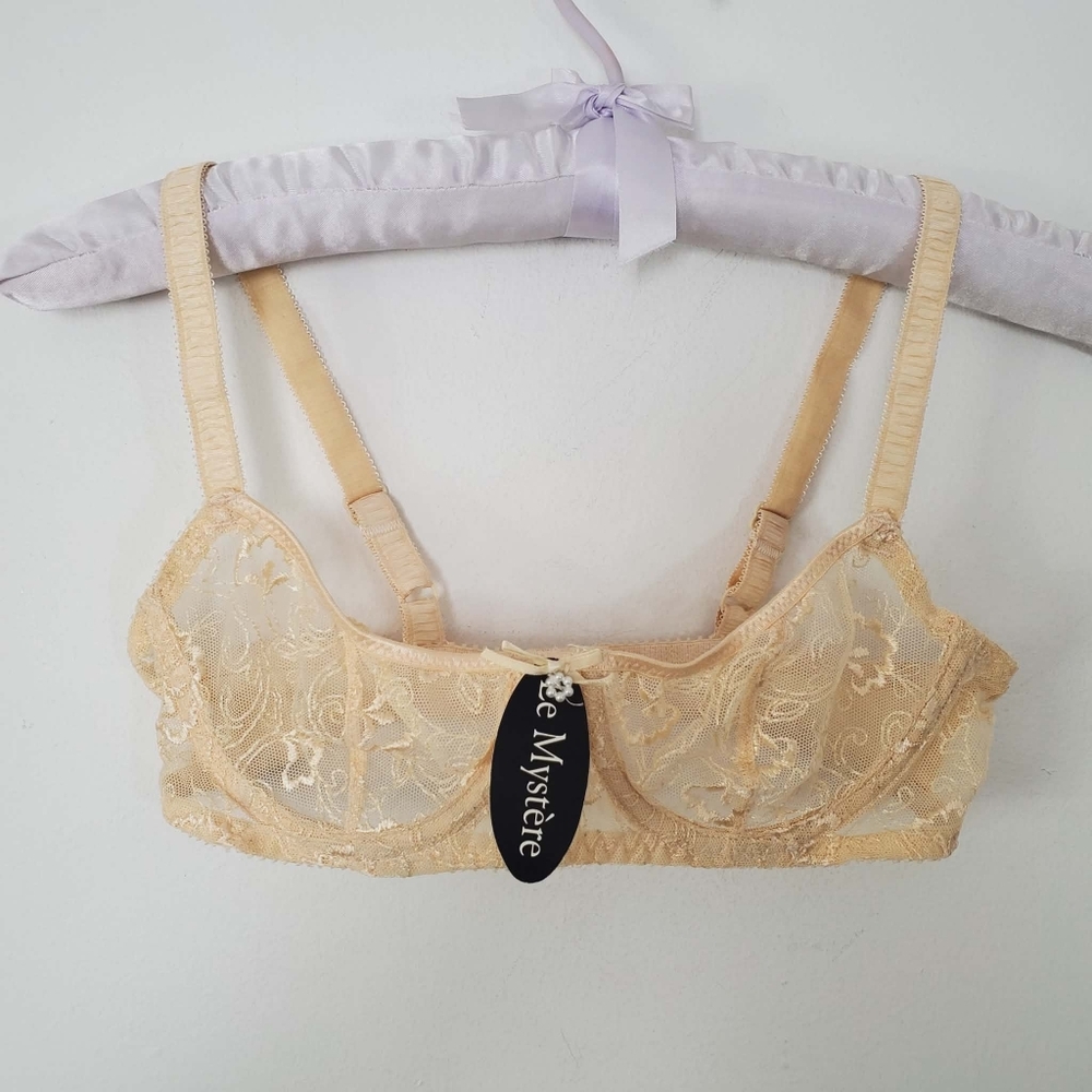 NWT- Le Mystere Women's Sheer Lace Transparent Balconette Bra Cream